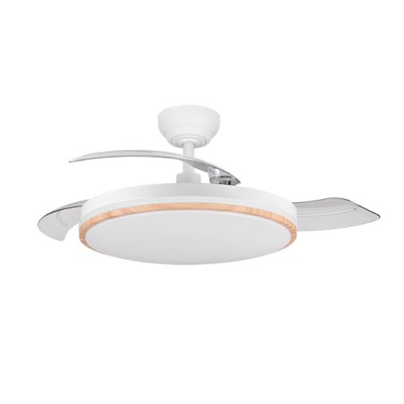 VENTILADOR TECHO C/LUZ 3 ASPAS RETRACTIL BLANCO+MADERA